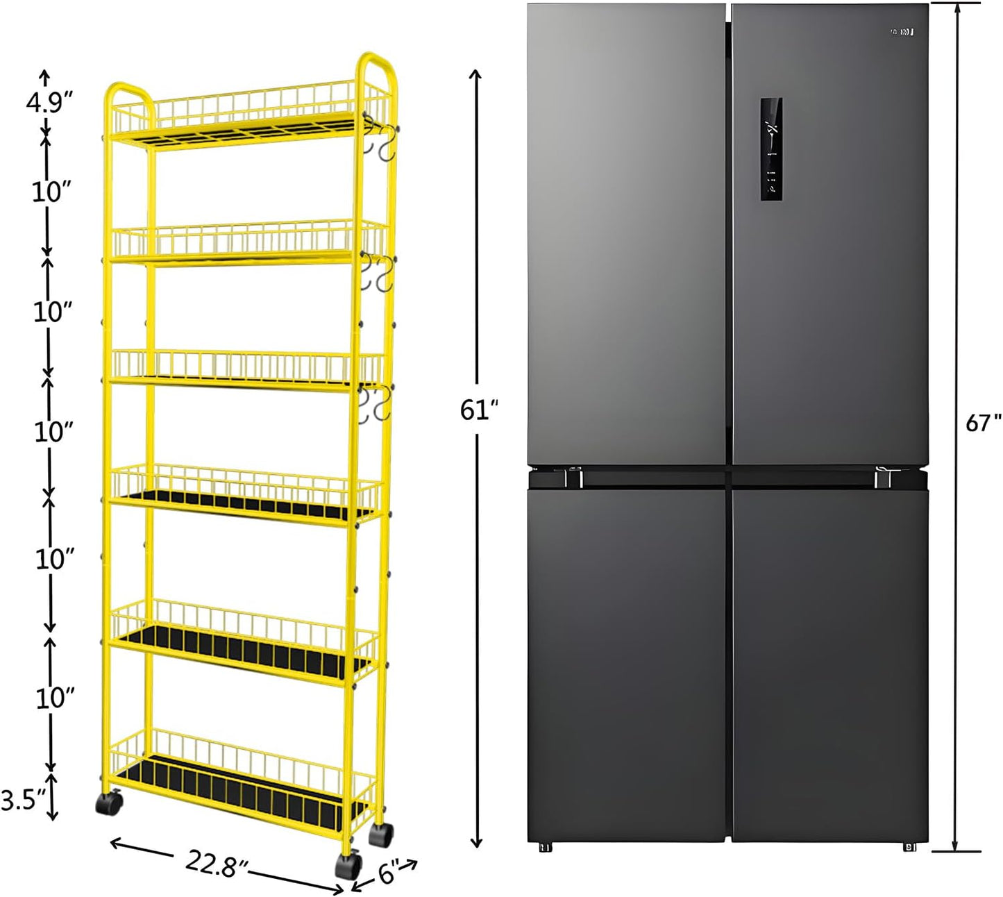 6-Tier Slim Storage Cart with Wheels, Metal 6in Narrow Rolling Shelf, Sturdy Slim Storage with Hooks Ideal for Kitchen, Bathroom, and Laundry Room, Yellow