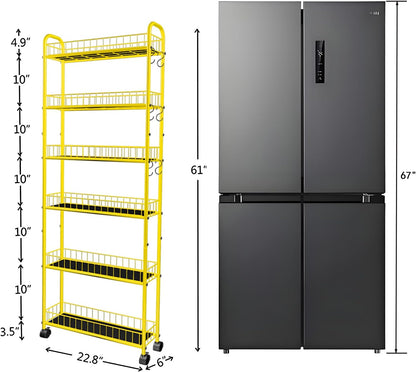 6-Tier Slim Storage Cart with Wheels, Metal 6in Narrow Rolling Shelf, Sturdy Slim Storage with Hooks Ideal for Kitchen, Bathroom, and Laundry Room, Yellow