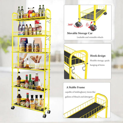 6-Tier Slim Storage Cart with Wheels, Metal 6in Narrow Rolling Shelf, Sturdy Slim Storage with Hooks Ideal for Kitchen, Bathroom, and Laundry Room, Yellow