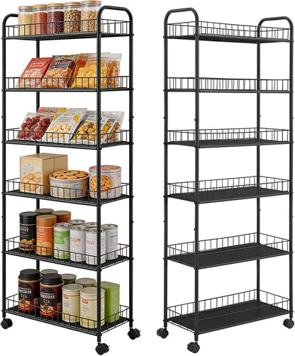 6-Tier Slim Storage Cart with Wheels, Metal 6in Narrow Rolling Shelf, Sturdy Slim Storage with Hooks Ideal for Kitchen, Bathroom, and Laundry Room, Yellow
