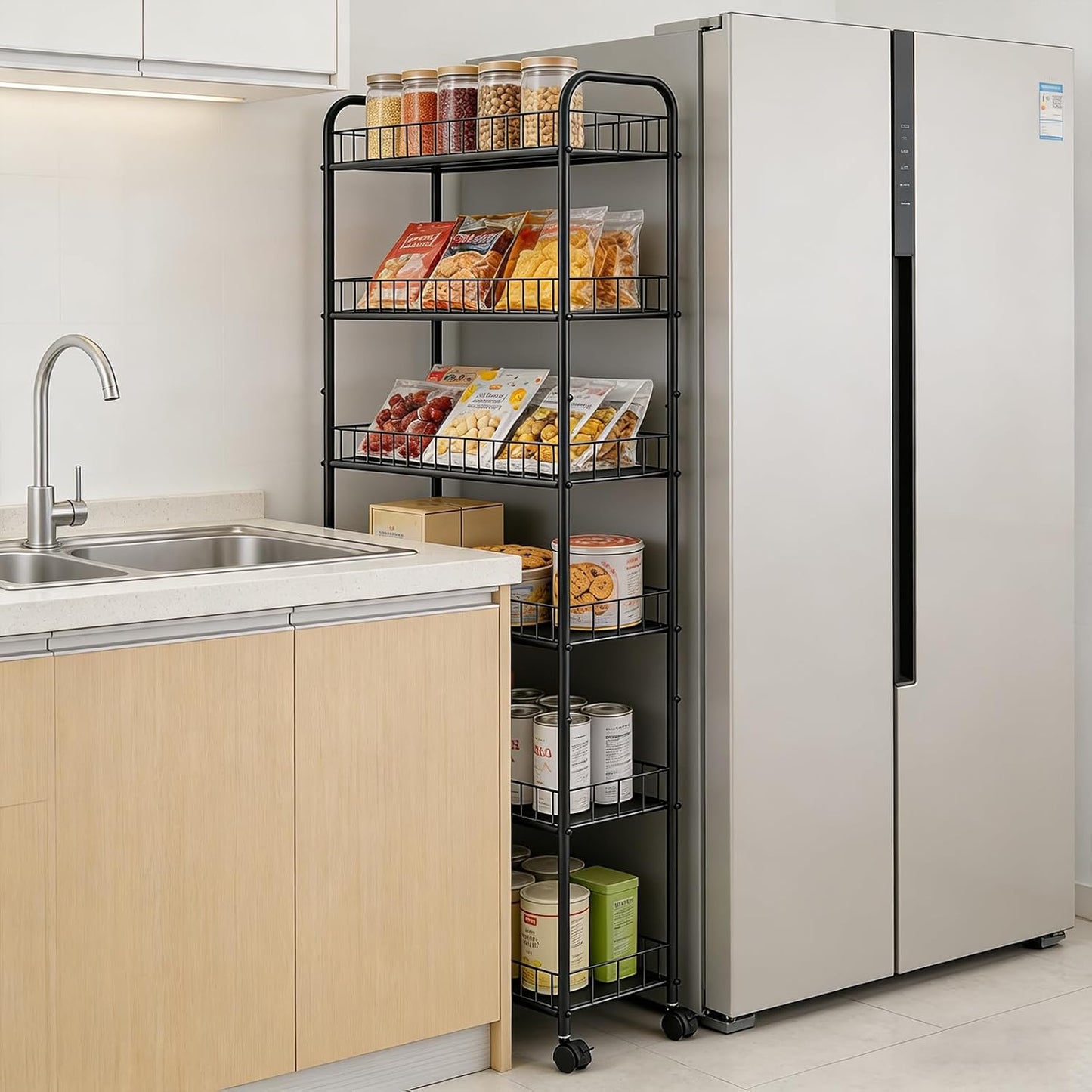 6-Tier Slim Storage Cart with Wheels, Metal 6in Narrow Rolling Shelf, Sturdy Slim Storage with Hooks Ideal for Kitchen, Bathroom, and Laundry Room, Yellow