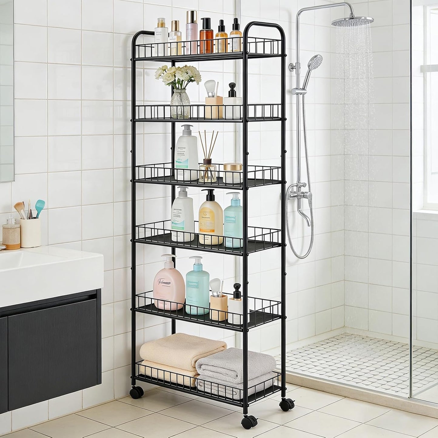 6-Tier Slim Storage Cart with Wheels, Metal 6in Narrow Rolling Shelf, Sturdy Slim Storage with Hooks Ideal for Kitchen, Bathroom, and Laundry Room, Yellow