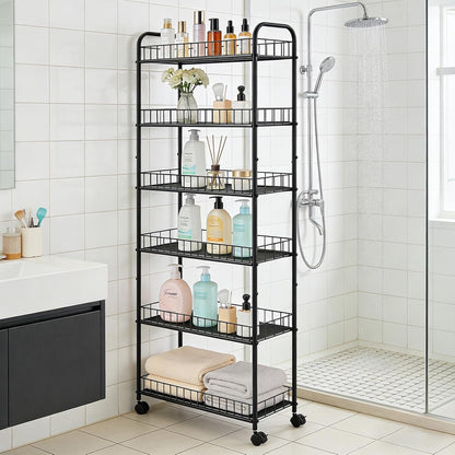 6-Tier Slim Storage Cart with Wheels, Metal 6in Narrow Rolling Shelf, Sturdy Slim Storage with Hooks Ideal for Kitchen, Bathroom, and Laundry Room, Yellow