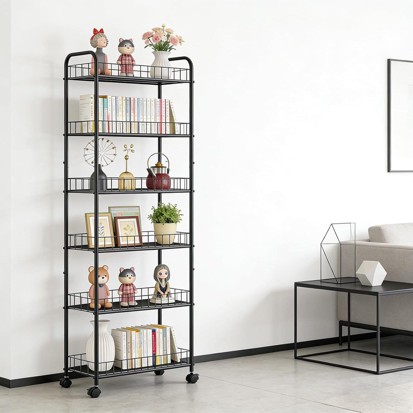 6-Tier Slim Storage Cart with Wheels, Metal 6in Narrow Rolling Shelf, Sturdy Slim Storage with Hooks Ideal for Kitchen, Bathroom, and Laundry Room, Yellow