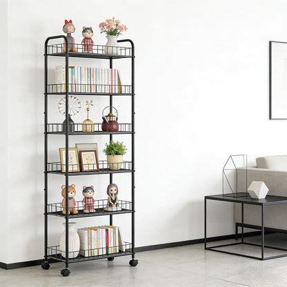 6-Tier Slim Storage Cart with Wheels, Metal 6in Narrow Rolling Shelf, Sturdy Slim Storage with Hooks Ideal for Kitchen, Bathroom, and Laundry Room, Yellow