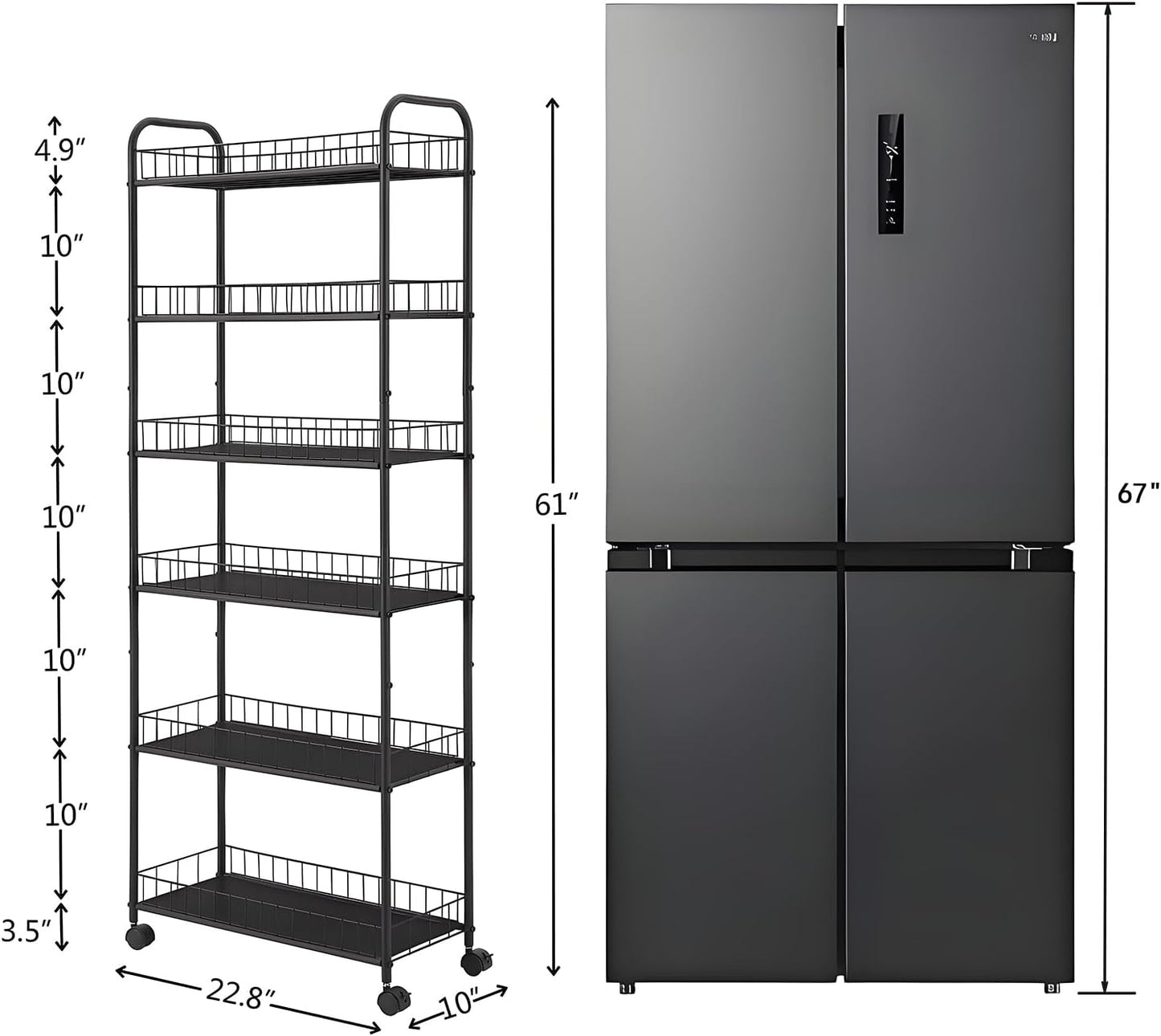 6-Tier Slim Storage Cart with Wheels, Metal 6in Narrow Rolling Shelf, Sturdy Slim Storage with Hooks Ideal for Kitchen, Bathroom, and Laundry Room, Yellow