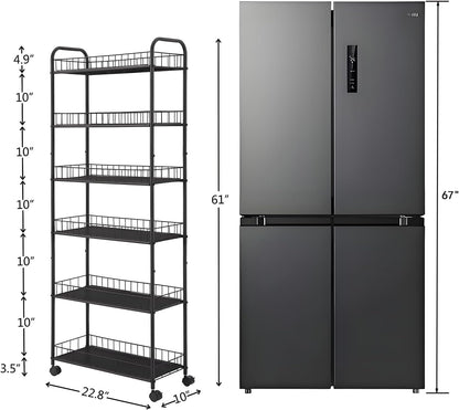 6-Tier Slim Storage Cart with Wheels, Metal 6in Narrow Rolling Shelf, Sturdy Slim Storage with Hooks Ideal for Kitchen, Bathroom, and Laundry Room, Yellow