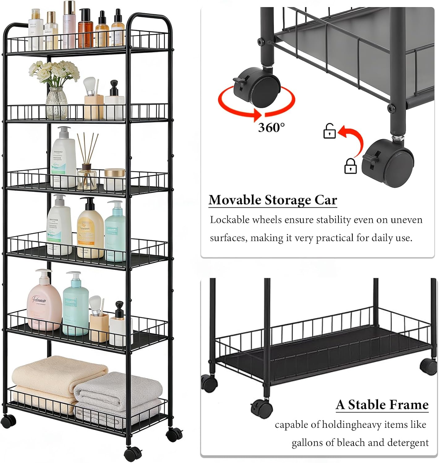 6-Tier Slim Storage Cart with Wheels, Metal 6in Narrow Rolling Shelf, Sturdy Slim Storage with Hooks Ideal for Kitchen, Bathroom, and Laundry Room, Yellow