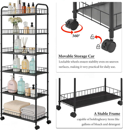 6-Tier Slim Storage Cart with Wheels, Metal 6in Narrow Rolling Shelf, Sturdy Slim Storage with Hooks Ideal for Kitchen, Bathroom, and Laundry Room, Yellow