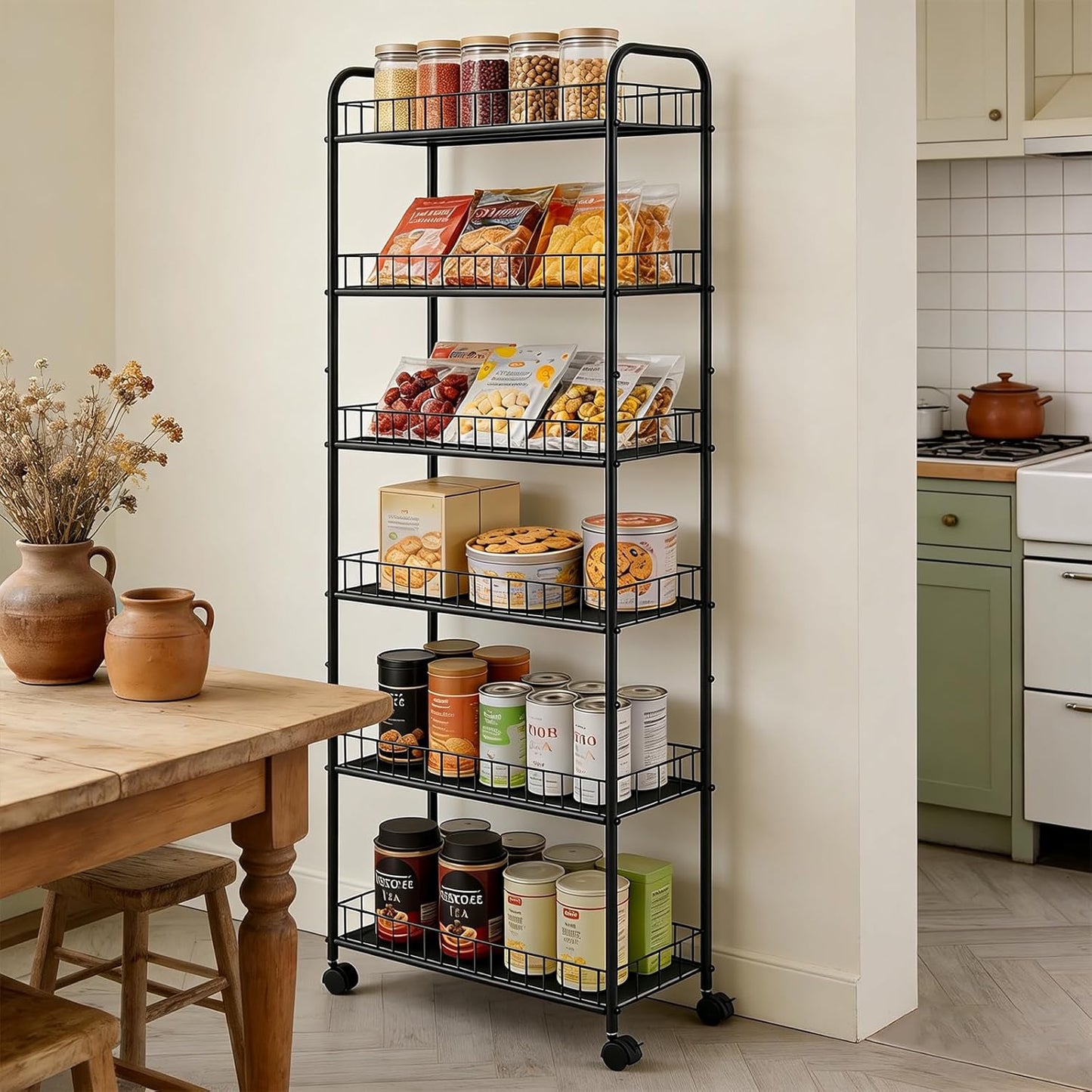 6-Tier Slim Storage Cart with Wheels, Metal 6in Narrow Rolling Shelf, Sturdy Slim Storage with Hooks Ideal for Kitchen, Bathroom, and Laundry Room, Yellow