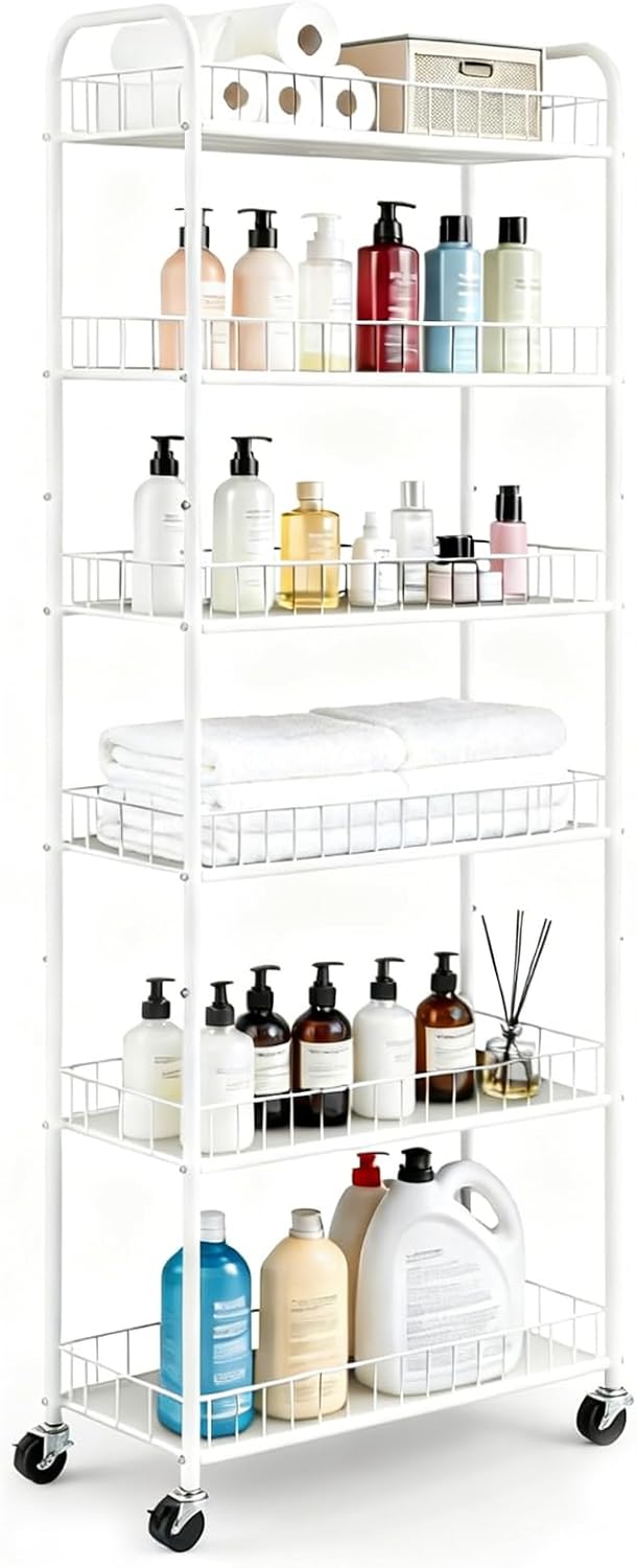 6-Tier Slim Storage Cart with Wheels, Metal 6in Narrow Rolling Shelf, Sturdy Slim Storage with Hooks Ideal for Kitchen, Bathroom, and Laundry Room, Yellow