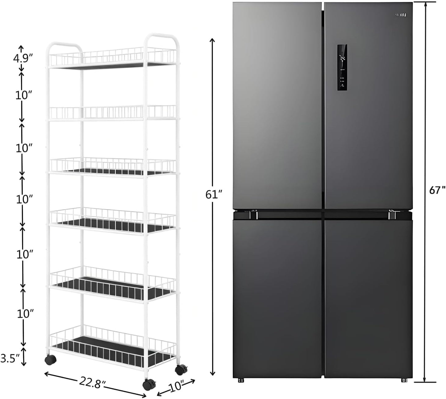 6-Tier Slim Storage Cart with Wheels, Metal 6in Narrow Rolling Shelf, Sturdy Slim Storage with Hooks Ideal for Kitchen, Bathroom, and Laundry Room, Yellow