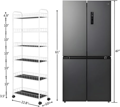 6-Tier Slim Storage Cart with Wheels, Metal 6in Narrow Rolling Shelf, Sturdy Slim Storage with Hooks Ideal for Kitchen, Bathroom, and Laundry Room, Yellow