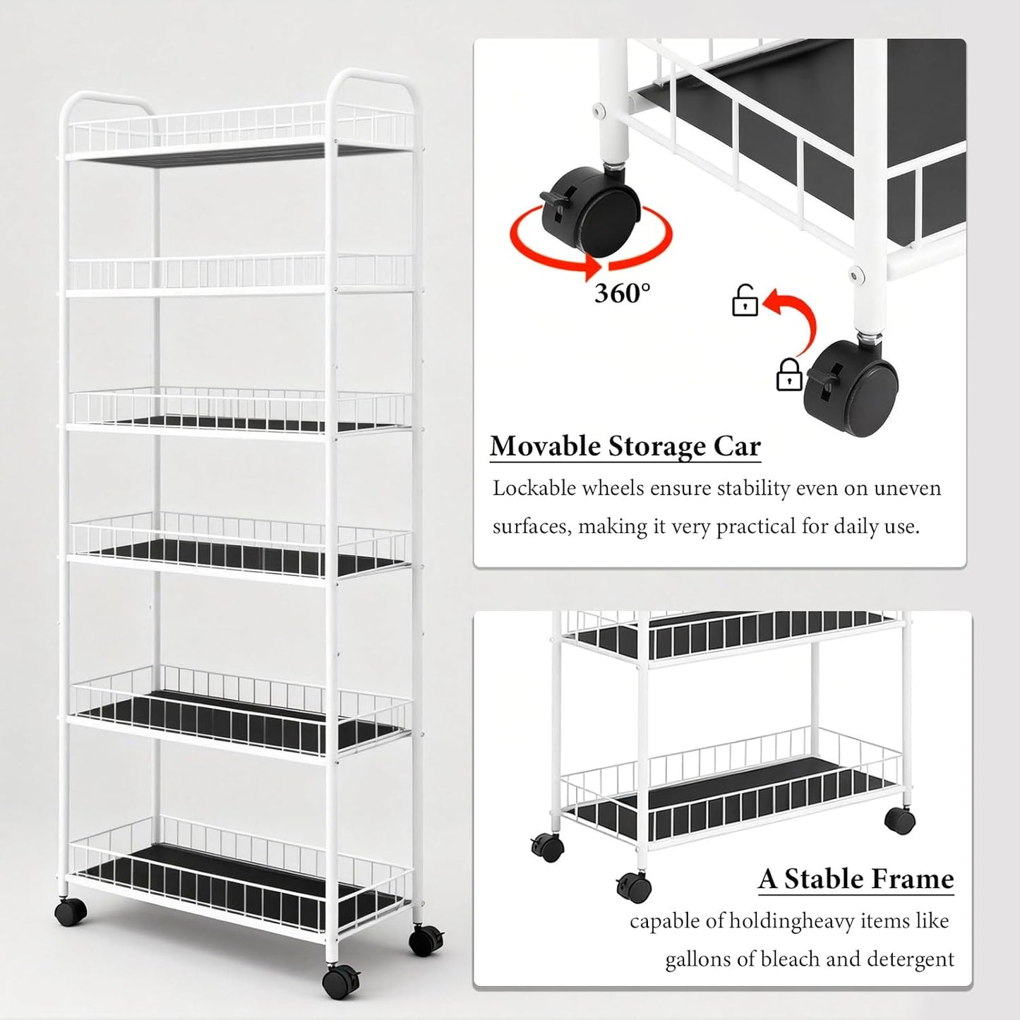 6-Tier Slim Storage Cart with Wheels, Metal 6in Narrow Rolling Shelf, Sturdy Slim Storage with Hooks Ideal for Kitchen, Bathroom, and Laundry Room, Yellow