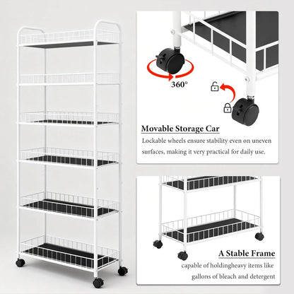 6-Tier Slim Storage Cart with Wheels, Metal 6in Narrow Rolling Shelf, Sturdy Slim Storage with Hooks Ideal for Kitchen, Bathroom, and Laundry Room, Yellow