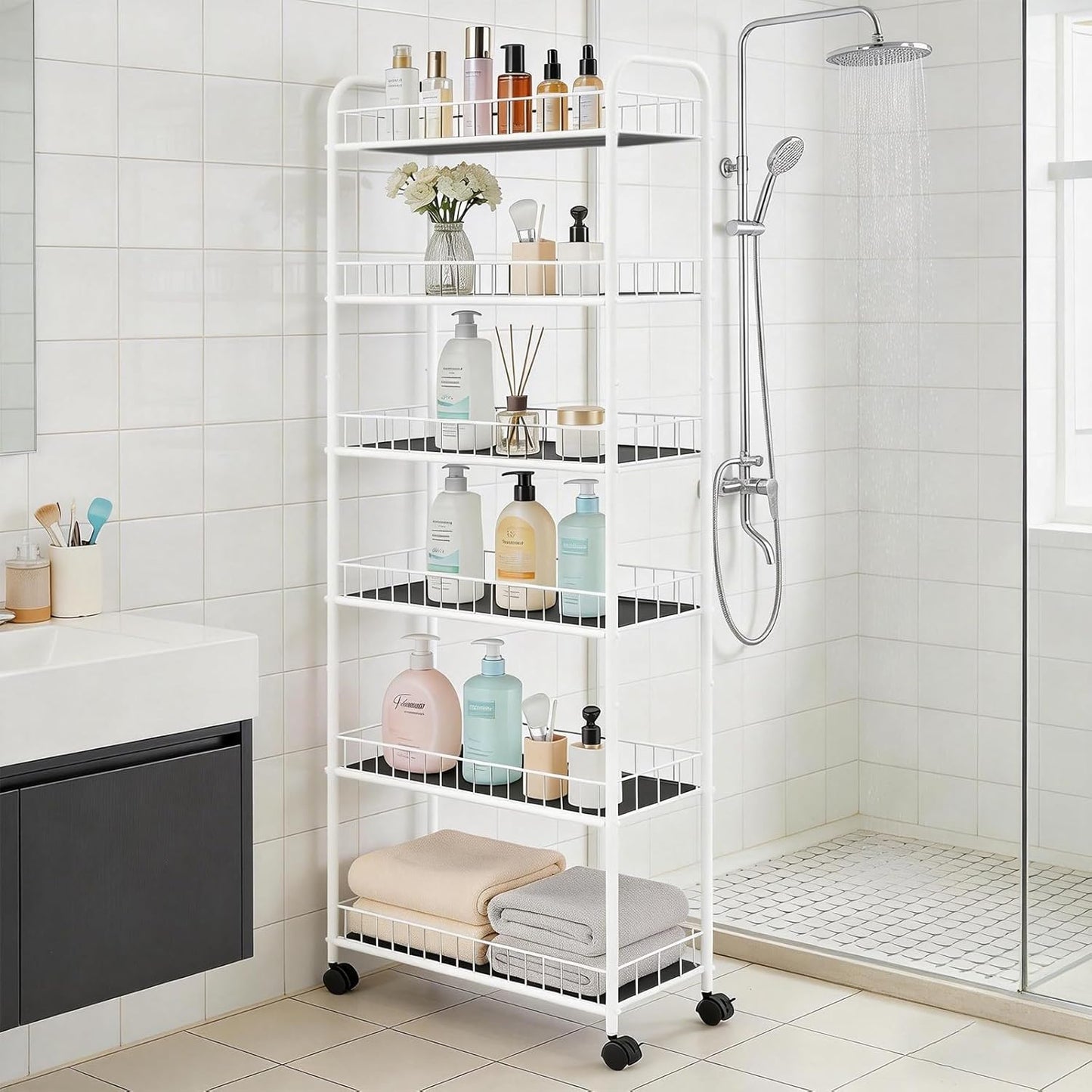 6-Tier Slim Storage Cart with Wheels, Metal 6in Narrow Rolling Shelf, Sturdy Slim Storage with Hooks Ideal for Kitchen, Bathroom, and Laundry Room, Yellow
