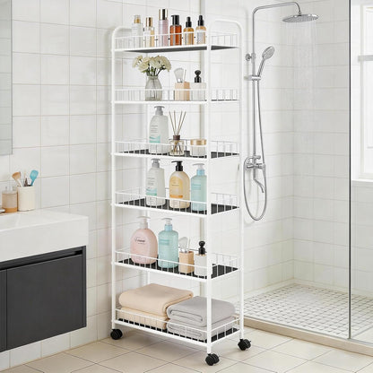 6-Tier Slim Storage Cart with Wheels, Metal 6in Narrow Rolling Shelf, Sturdy Slim Storage with Hooks Ideal for Kitchen, Bathroom, and Laundry Room, Yellow