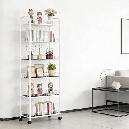 6-Tier Slim Storage Cart with Wheels, Metal 6in Narrow Rolling Shelf, Sturdy Slim Storage with Hooks Ideal for Kitchen, Bathroom, and Laundry Room, Yellow