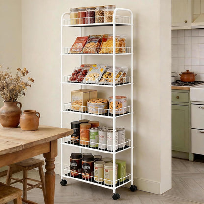 6-Tier Slim Storage Cart with Wheels, Metal 6in Narrow Rolling Shelf, Sturdy Slim Storage with Hooks Ideal for Kitchen, Bathroom, and Laundry Room, Yellow