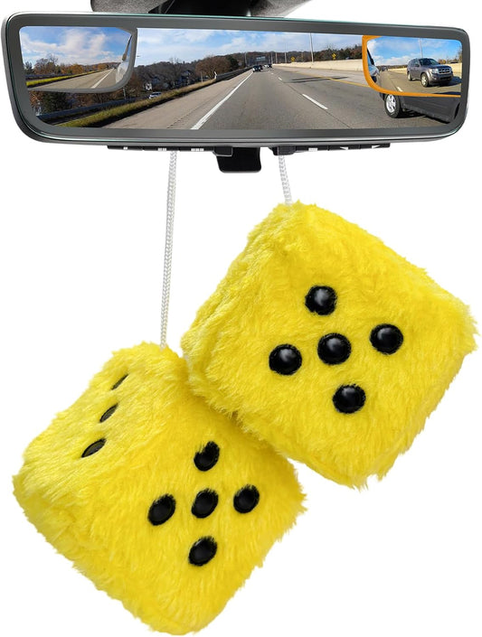 2PCS Fuzzy Plush Dice with Dots, 3 Inch Square Pair of Retro Rear View Mirror Hanging Ornament, Classic Vintage Soft Dice Pendant Auto Interior Mirror Decor, Car Accessories (Yellow)