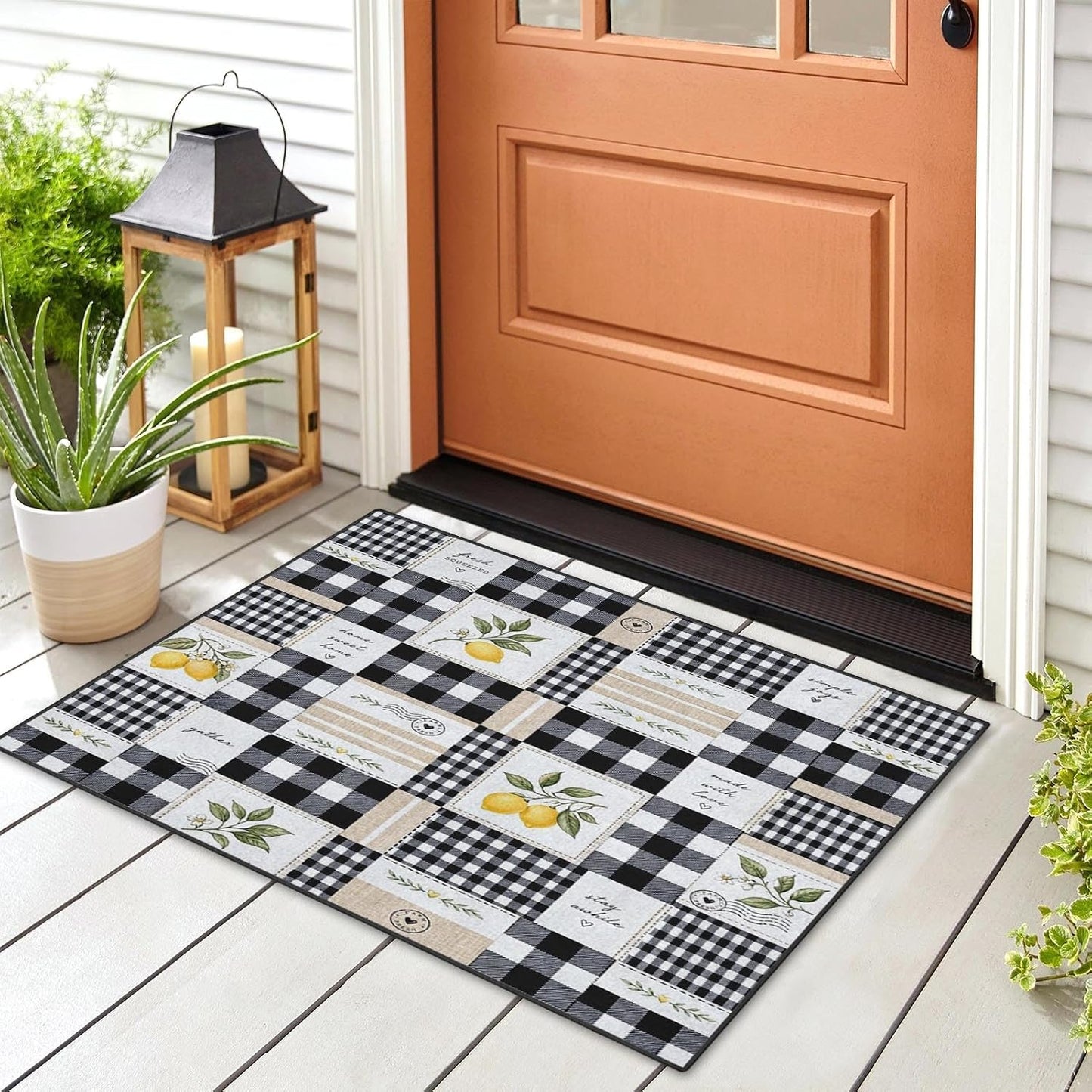 Area Rug 2'x3' Farmhouse Lemon Checkered Washable | Living Room Rug Rustic Patchwork Non-Slip Soft Low Pile Carpet