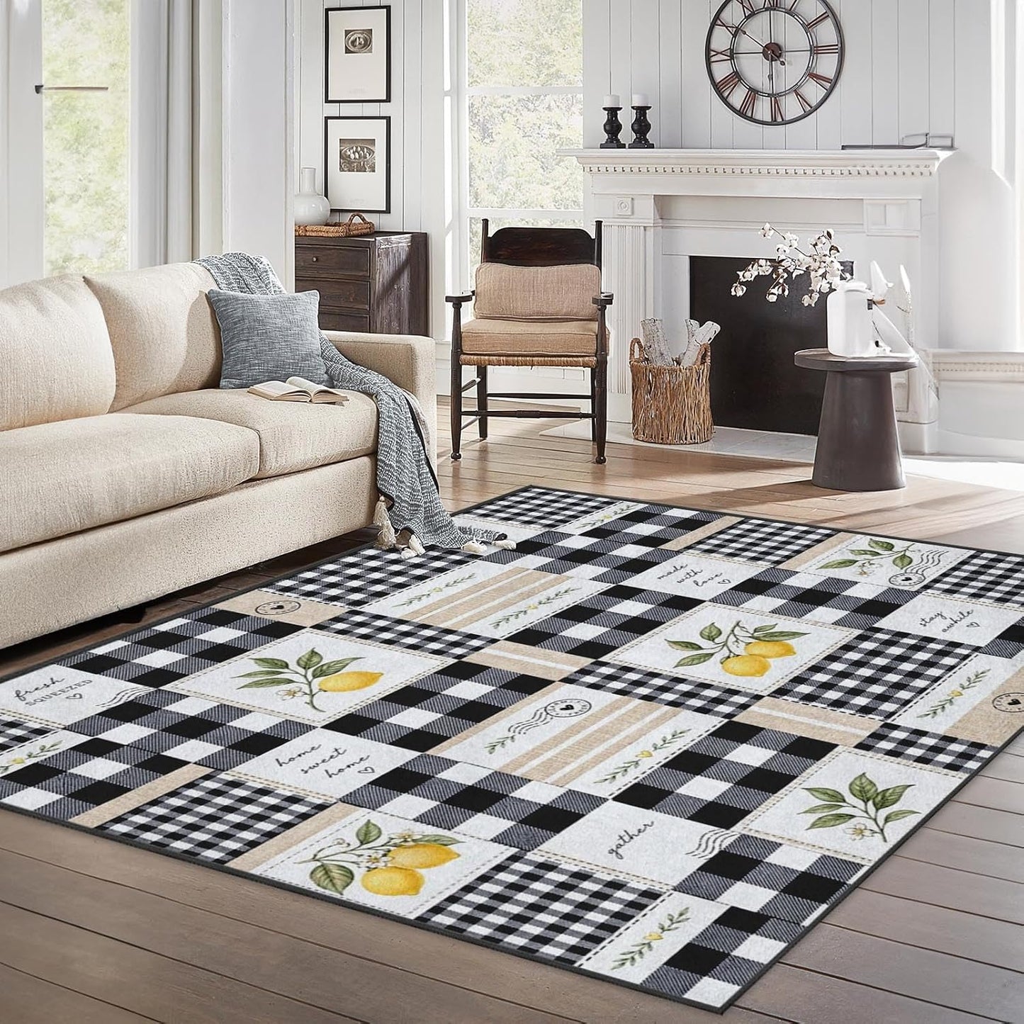 Area Rug 2'x3' Farmhouse Lemon Checkered Washable | Living Room Rug Rustic Patchwork Non-Slip Soft Low Pile Carpet