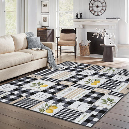Area Rug 2'x3' Farmhouse Lemon Checkered Washable | Living Room Rug Rustic Patchwork Non-Slip Soft Low Pile Carpet