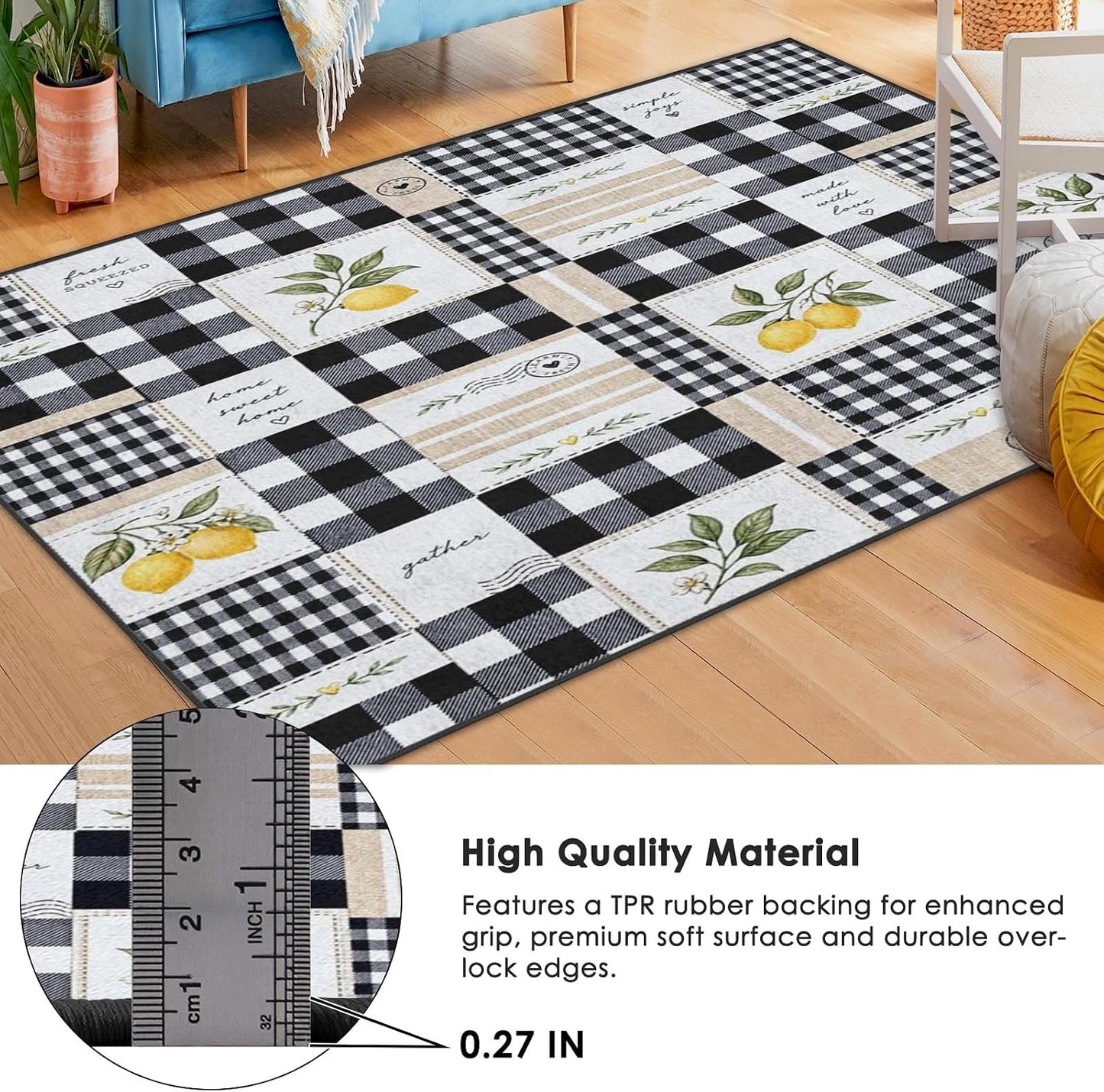 Area Rug 2'x3' Farmhouse Lemon Checkered Washable | Living Room Rug Rustic Patchwork Non-Slip Soft Low Pile Carpet