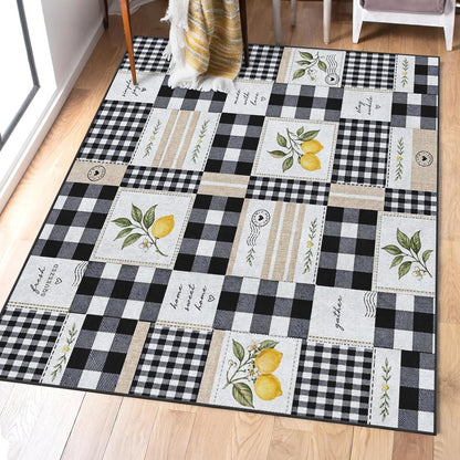 Area Rug 2'x3' Farmhouse Lemon Checkered Washable | Living Room Rug Rustic Patchwork Non-Slip Soft Low Pile Carpet