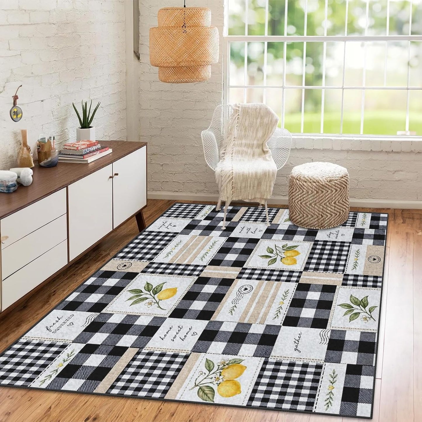 Area Rug 2'x3' Farmhouse Lemon Checkered Washable | Living Room Rug Rustic Patchwork Non-Slip Soft Low Pile Carpet
