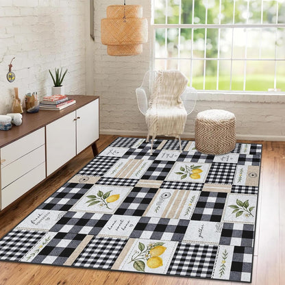 Area Rug 2'x3' Farmhouse Lemon Checkered Washable | Living Room Rug Rustic Patchwork Non-Slip Soft Low Pile Carpet