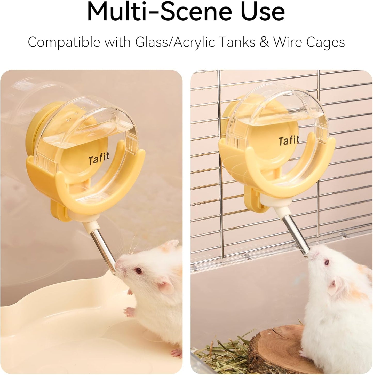 Hamster Water Bottle with Magnetic Holder, Freestanding Water Feeder for Glass Tanks, No-Drip Water Dispenser for Syrian & Dwarf Hamsters, Gerbils, Mice, Rats, Degus (Yellow, 150ml / 5.07 fl oz)