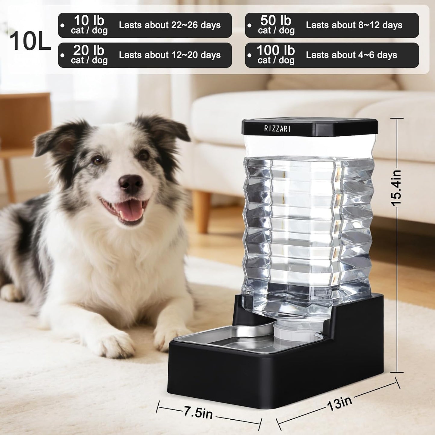 10L Gravity Dog Water Bowl Dispenser: Wide Mouth Filter-Free Design | Stable Anti-Spill Base/Dishwasher Safe Bowl / Multi-Pet Friendly Design/Travel & Workday Ready /Low Maintenance Daily Use