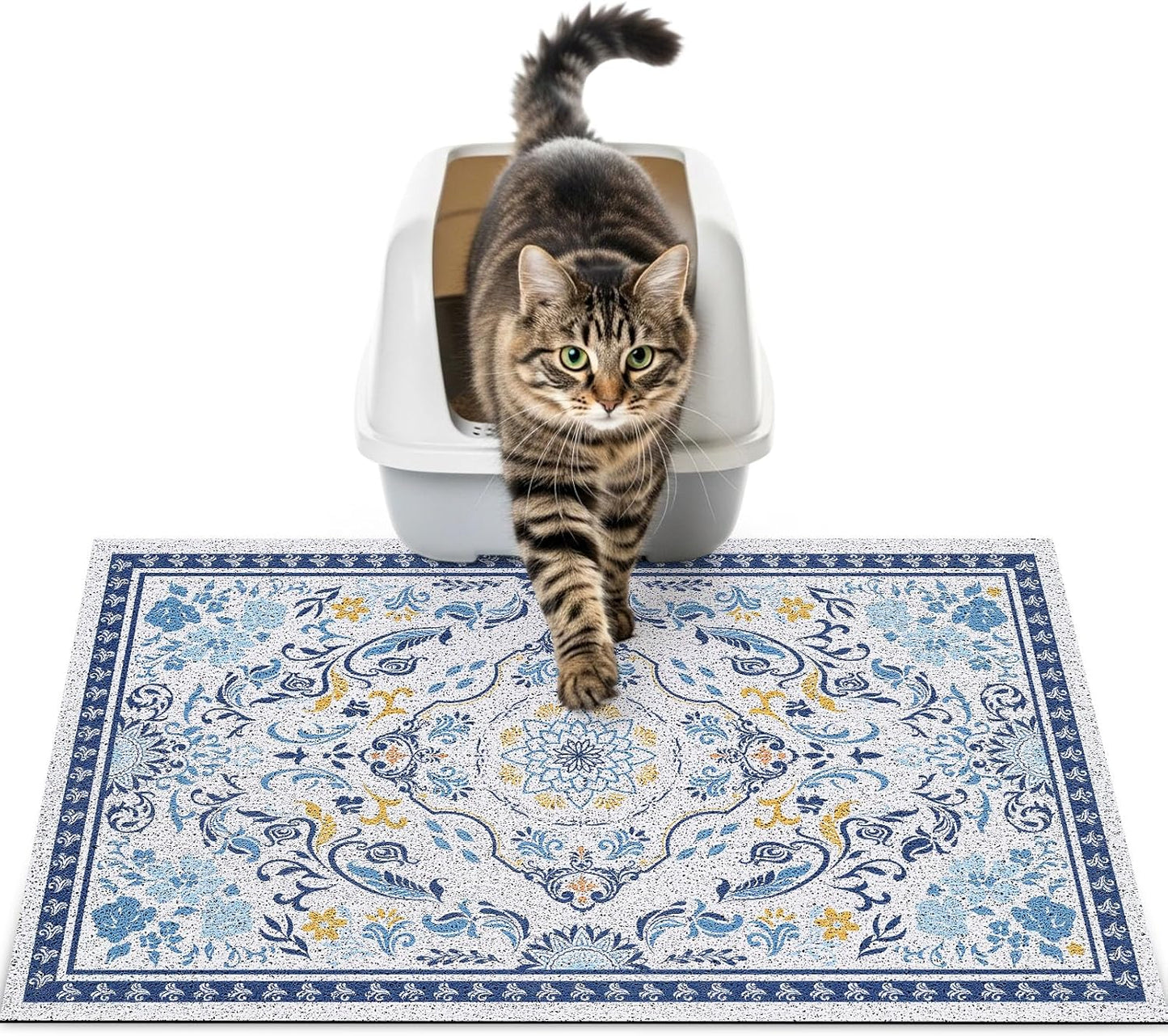 24"x15" Cat Litter Mat Waterproof Non-Slip Litter Trapping Pad | Soft Mesh Litter Box Mat With A Decorative Pattern Captures Scatter Effectively To Keep Floors Clean And Tidy