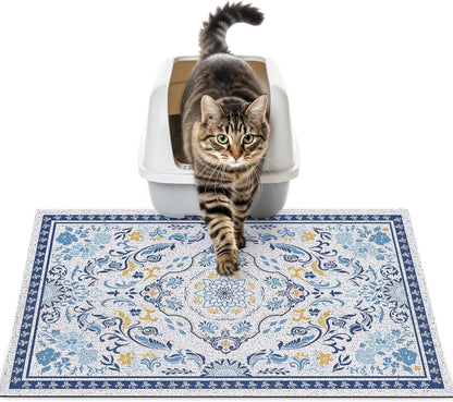 24"x15" Cat Litter Mat Waterproof Non-Slip Litter Trapping Pad | Soft Mesh Litter Box Mat With A Decorative Pattern Captures Scatter Effectively To Keep Floors Clean And Tidy