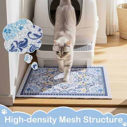 24"x15" Cat Litter Mat Waterproof Non-Slip Litter Trapping Pad | Soft Mesh Litter Box Mat With A Decorative Pattern Captures Scatter Effectively To Keep Floors Clean And Tidy