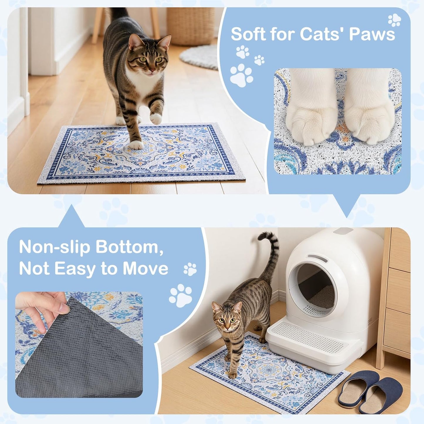 24"x15" Cat Litter Mat Waterproof Non-Slip Litter Trapping Pad | Soft Mesh Litter Box Mat With A Decorative Pattern Captures Scatter Effectively To Keep Floors Clean And Tidy