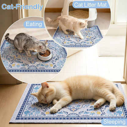 24"x15" Cat Litter Mat Waterproof Non-Slip Litter Trapping Pad | Soft Mesh Litter Box Mat With A Decorative Pattern Captures Scatter Effectively To Keep Floors Clean And Tidy