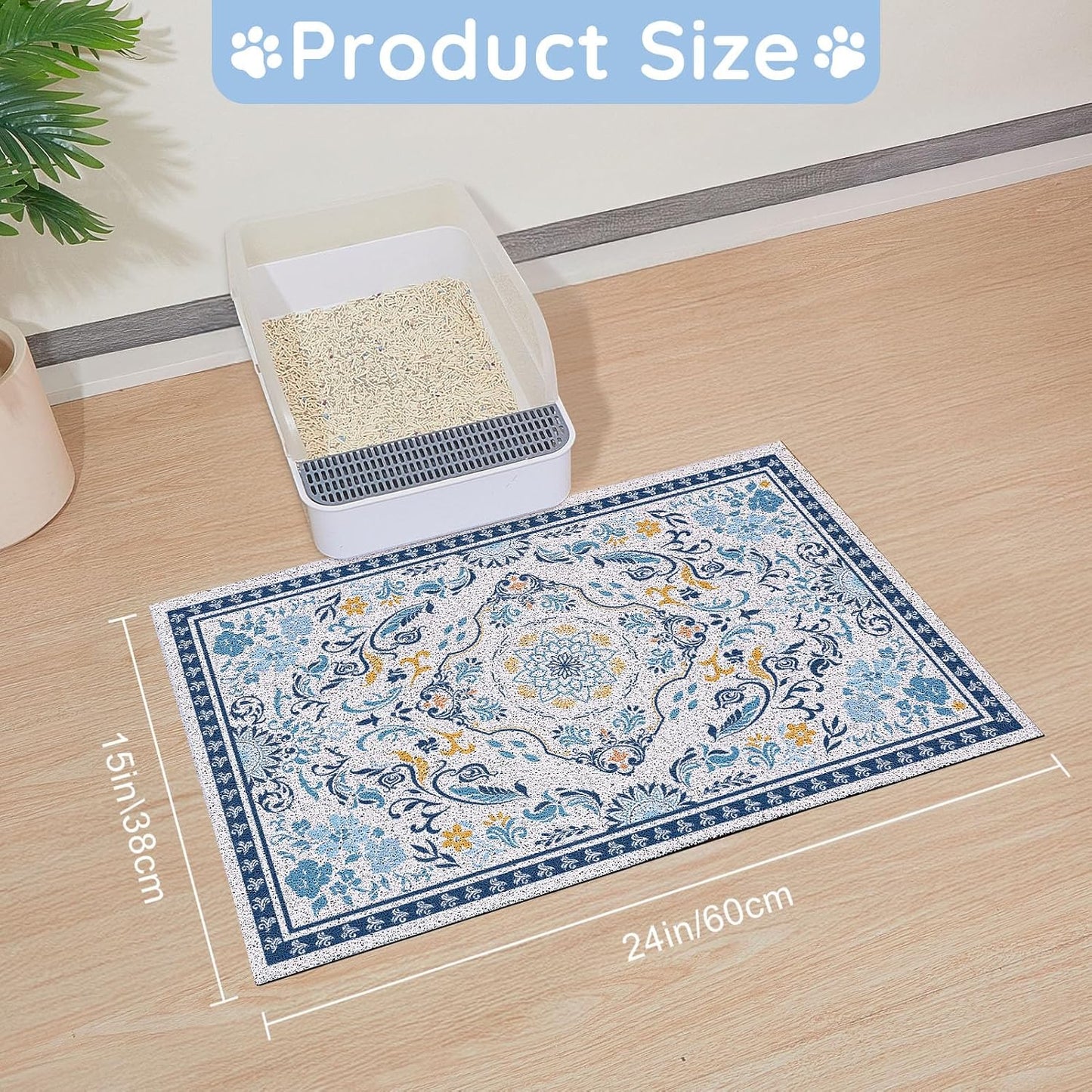 24"x15" Cat Litter Mat Waterproof Non-Slip Litter Trapping Pad | Soft Mesh Litter Box Mat With A Decorative Pattern Captures Scatter Effectively To Keep Floors Clean And Tidy