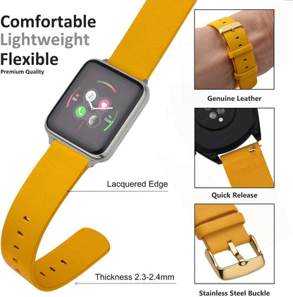 WOCCI 20mm Flexible Leather Watch Band for Smart Watch with Gold Buckle (Yellow)