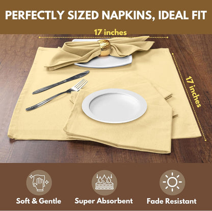 Solid Light Yellow Cloth Napkins Set of 4, 100% Cotton Washable Fabric, 17x17 inches, Reusable Table Linen Napkins for Dinner, Party, Wedding, Pale Yellow