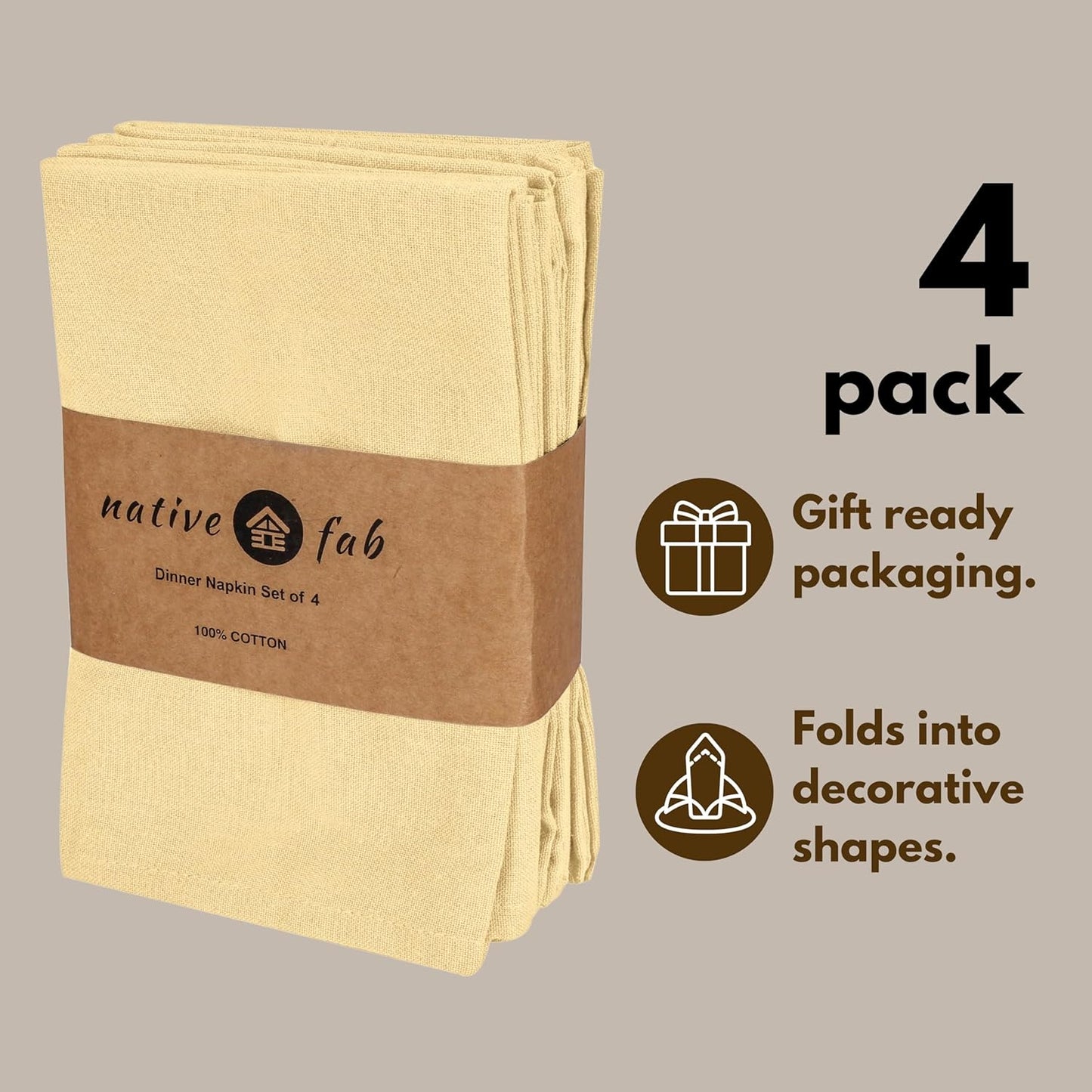 Solid Light Yellow Cloth Napkins Set of 4, 100% Cotton Washable Fabric, 17x17 inches, Reusable Table Linen Napkins for Dinner, Party, Wedding, Pale Yellow