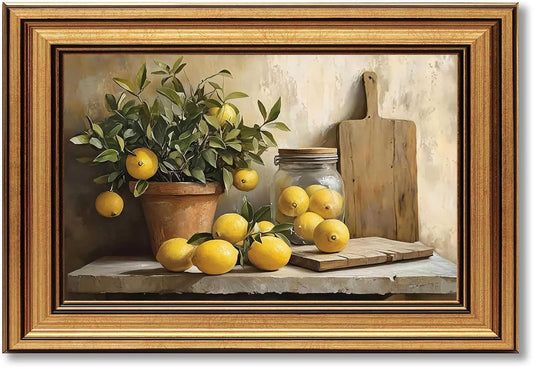 Vintage Gold Framed Canvas Wall Art, Country Kitchen Painting Picture Wall Decor, Lemon Kitchen Poster Print Artwork for Living Room Bedroom Kitchen Home Decoration 9x11in