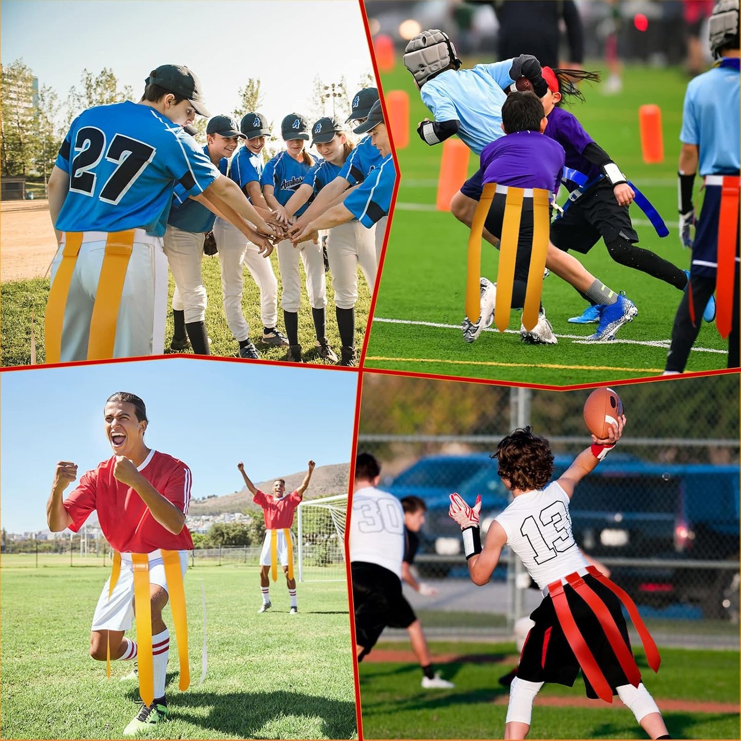 48 Pcs Adjustable Flag Football Belts Flag Football Set Belts with 144 Flags for Adults and Youth(Red and Yellow)