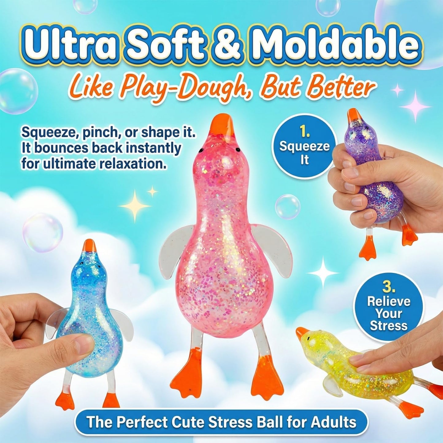 Cute Duck Squishy Sugar Stress Ball,Soft Duck Stress Relief Sugar Ball Toys and Moldable Slow Rise Relaxing Sensory Fidget Stress for Anxiety Relief (Yellow)