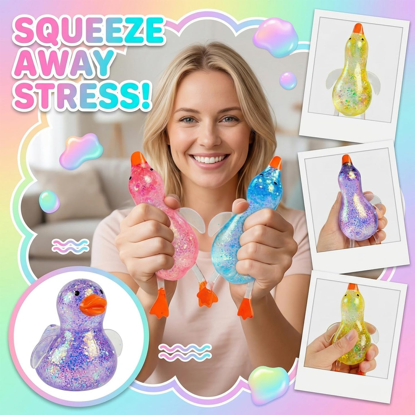 Cute Duck Squishy Sugar Stress Ball,Soft Duck Stress Relief Sugar Ball Toys and Moldable Slow Rise Relaxing Sensory Fidget Stress for Anxiety Relief (Yellow)