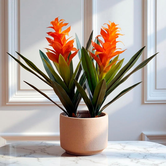 2Pcs Artificial Hawaiian Ginger Flower, 18" Fake Bromeliad Plants,Large Real Touch Faux Tropical Flowers, Lifelike Exotic House Plants for Home Office Indoor Decoration (Orange)