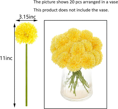 Kimura's Cabin 20pcs Chrysanthemum Artificial Flowers Fake Silk Mums,Yellow | Faux Chrysanthemums with Stem Balls Flowers,Easter Home Table Centerpieces,Wedding Party Floral Arrangements,Vase Decor