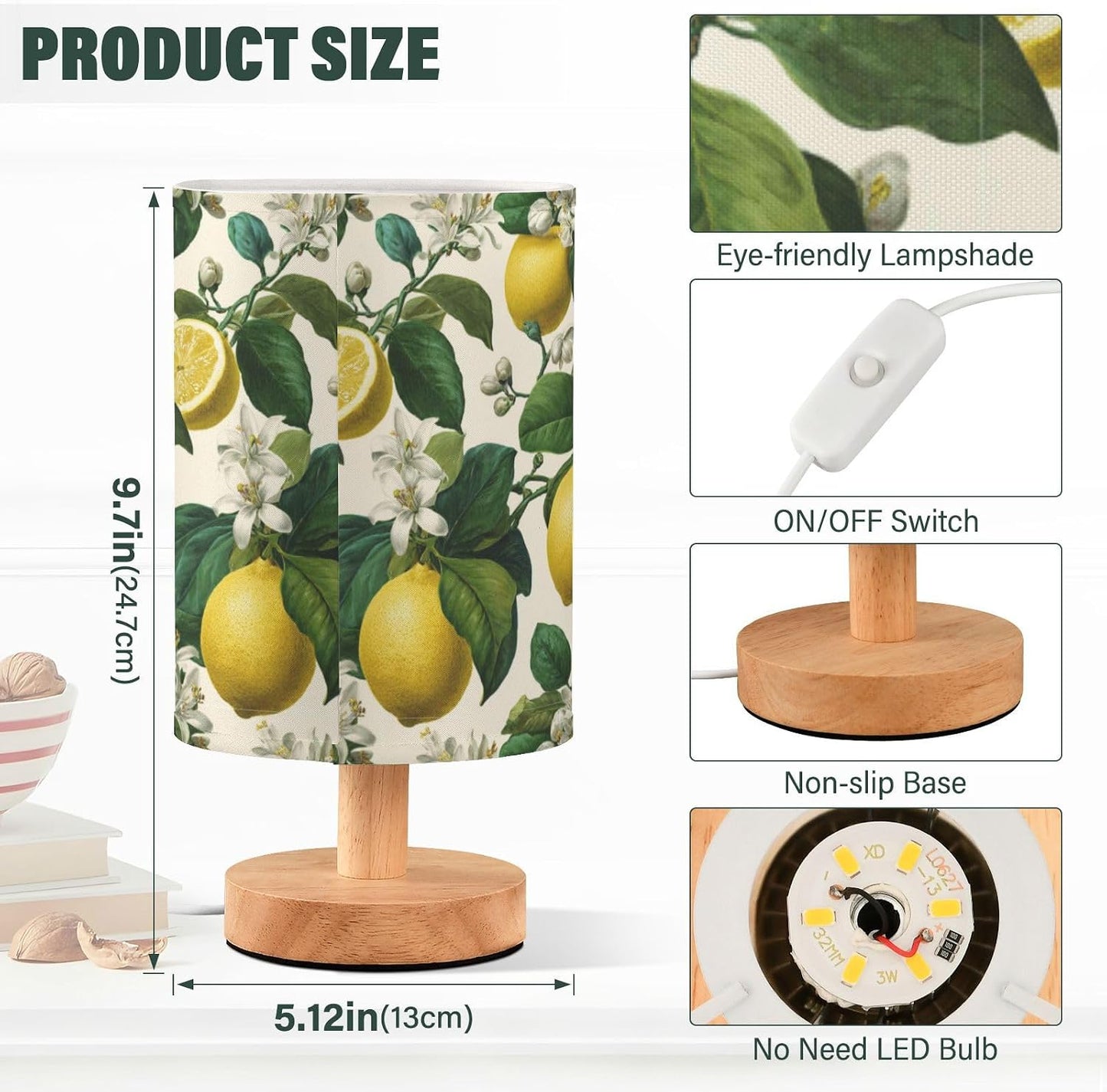 Bedside Table Lamp Lemon Yellow Citrus Fruits (110) Kids Nightstand Lamp Night Light Fabric Shade for Bedroom Living Room Home Office