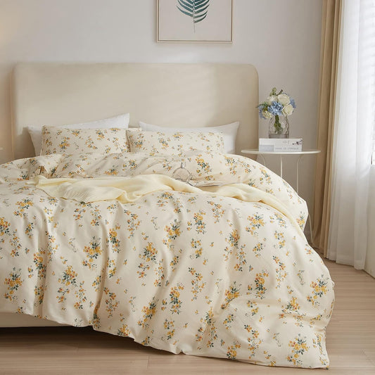 Yellow Floral Comforter Twin XL Boho Flower Leaves Pattern Printed Bedding Sets Cute Floral Soft Fluffy Comforter with 2 Pillowcases, Botanical Bed Set for All Season-Twin XL Size